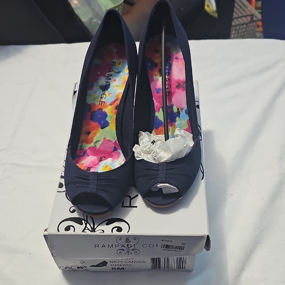 Rampage Navy Canvas Peep Toe Heels Size 8